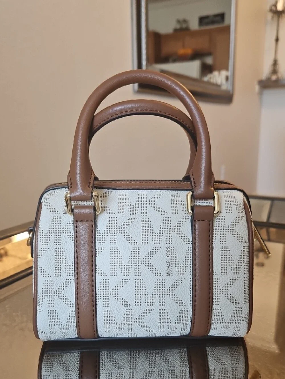 Michael Kors Cream & Brown Mini Logo Satchel